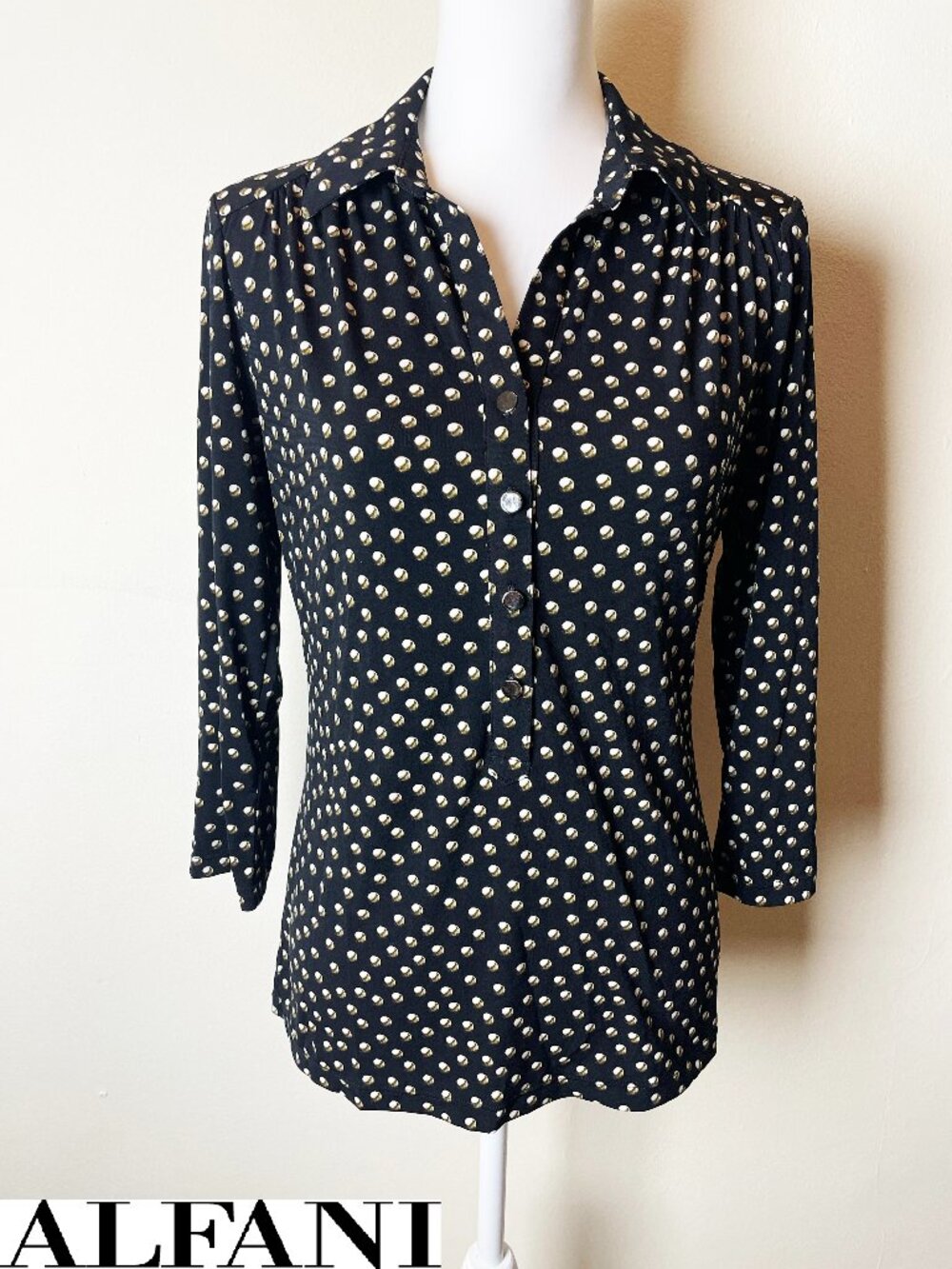 Alfani Black & Gold Pearl Dot Button-Down Blouse 3/4 Sleeves Size S EUC